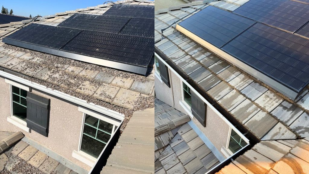 An image shows the importance of panel cleaning and solar panel bird proofing in Fresno